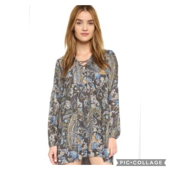 Free People Rain Or Shine Lace-Up Gray Paisley Floral Mini Dress Size Small - Picture 2 of 14